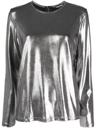 Tom Ford metallic laminated long-sleeve top - women - Viscose/Elastane - 42 - Silver