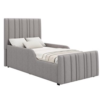 STILVORA Cama Individual 90 X 200 Cm De Lino, Arc&oacute;n Hidr&aacute;ulico Y Cabecero Acolchado, Sin Colch&oacute;n, Gris