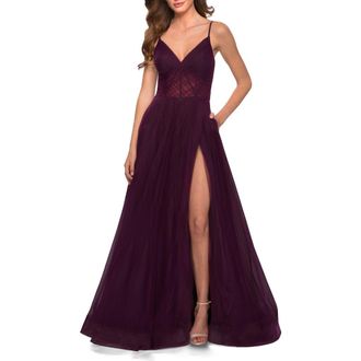 La Femme A Line Tulle Prom Dress with Sheer Bodice in Dark Berry at Nordstrom, Size 2