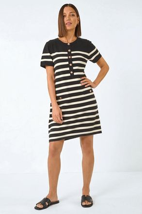 Roman Stripe Button A-Line Knit Dress