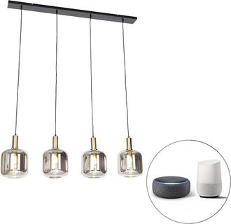 QAZQA Qazqa - Smart Pendant Light Black with Smoke Glass 4-Light Incl. Wifi A60 - Zuzanna