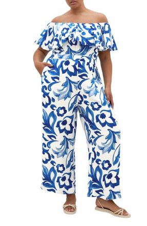 City Chic Off the Shoulder Floral Print Jumpsuit in Mykonos at Nordstrom, Size Xxxs