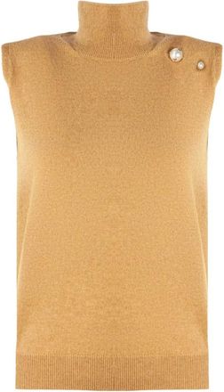 Alberta Ferretti Truien & Vesten, Dames, Bruin, M, Kasjmier, Parelmoer-versierd coltrui vest