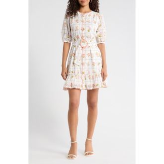 Sugarlips Diane Floral Redna Belted Cotton Button-Up Minidress in Coral-Multi at Nordstrom, Size X-Large