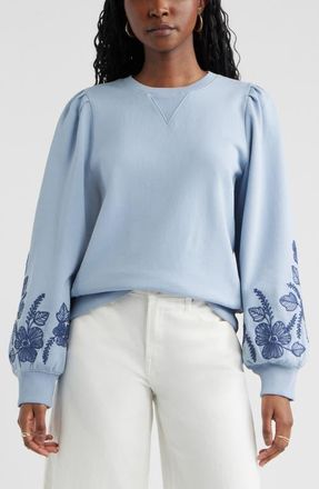 Treasure & Bond Embroidered Sleeve Cotton Sweatshirt in Blue Blizzard Embroidery at Nordstrom, Size Xx-Small