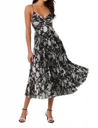 Astr Saoirse Metallic Pleated Dress In Metallic Black/ Silver