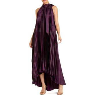 Mac Duggal Pleated Halter Neck High Low Gown in Plum at Nordstrom, Size 12
