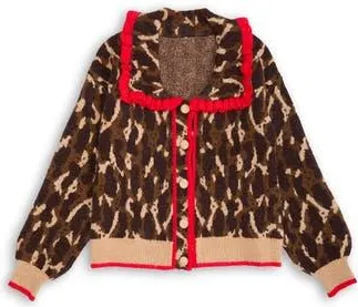 Saachi Ruffle Collar Leopard Cardigan in Brown at Nordstrom Rack