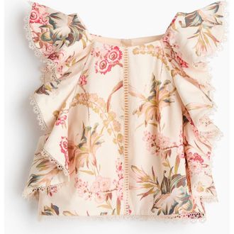 H&M Sleeveless Linen-blend Top in Light Beige/floral at Nordstrom, Size Xx-Large
