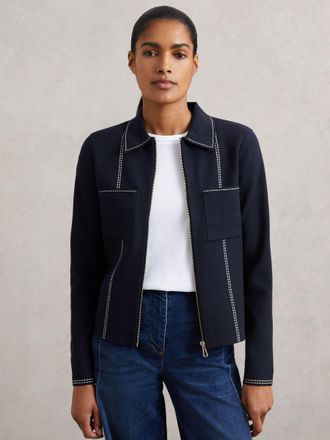 Reiss Navy Stitch-detail Zip-through Cardigan, XS