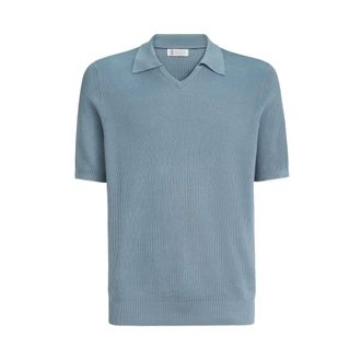 Brunello Cucinelli Brunello Cucinelli, V-neck Knitwear, male, Blue, Size: 2XL Cotton English Rib Knit Polo