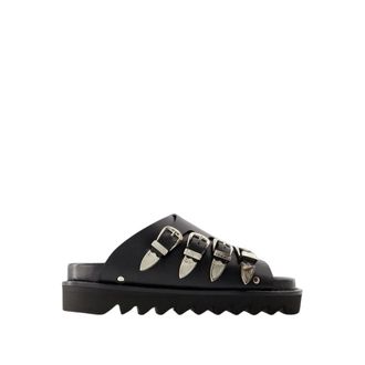 Toga Archives Sliders, female, Black, Size: 7 US Black Leather Round Toe Sandals