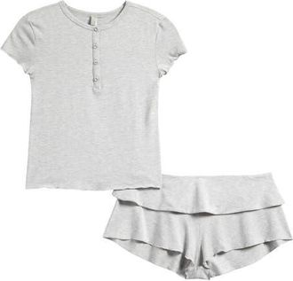 SKIMS Henley & Foldover Shorts Set in Light Heather Grey at Nordstrom, Size Xx-Small