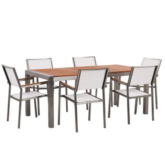 Beliani Conjunto De Comedor De Jard&iacute;n Mesa Con Tablero De Madera De Eucalipto 180 X 90 Cm Y 8 Sillas En Tela Blancas Grosseto