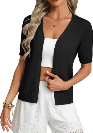 Grace Karin Womens Elegant V-Neck Lace Cardigan Summer Lightweight Short Sleeve Openwork Knit Tops Black XL