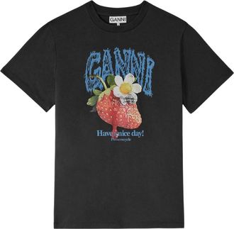 Ganni Tops, Dames, Zwart, XS, Katoen, T-shirt met aardbeienprint