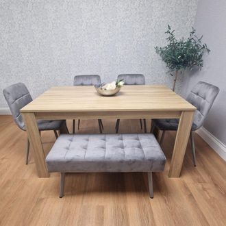 Kosy Koala Oak Effect Dining Table With 4 Grey Velvet Chairs & 1 Grey Bench Dining Room Furniture in Brown