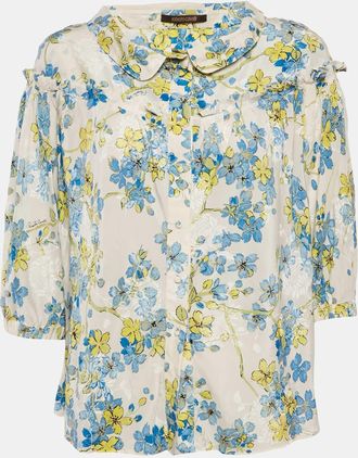 Roberto Cavalli White/blue Floral Print Silk Ruffled Blouse