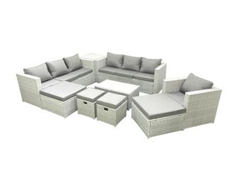 Fimous Rattan Garden Furniture Set 9 Pieces Outdoor Garden Sofa Chair Coffee Table Set with Side Table 4 Footstools Light Grey Mixed