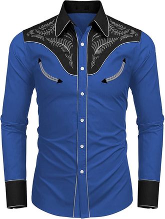 Generic Mens Casual Shirt Slim Fit Button Down Work Shirt Long-Sleeved Western Cowboy Streetwear Shirt