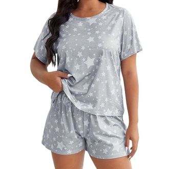Generic Long Sleeve Pyjamas Womens Nightwear Fleece Tops Womens Plus Size 2 Pie Ce Heart Print Short Sleeve Cute Pajama Set Lady Short Pant (Grey, XXXXXL)