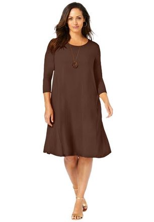 Jessica London Stretch Knit Three-Quarter Sleeve T-shirt Dress in Rich Brown at Nordstrom, Size 18