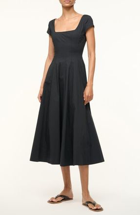 Staud Wells Stretch Cotton Fit & Flare Midi Dress in Black at Nordstrom, Size 14