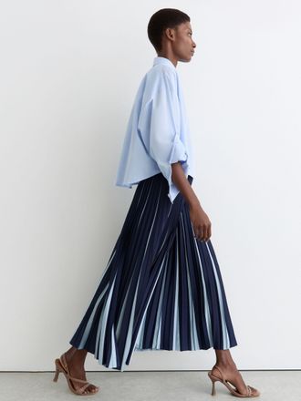 Reiss Navy & pale Blue Contrast Pleated Midi Skirt, 14