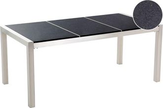 Beliani Mesa De Comedor De Jard&iacute;n Con Tablero De Granito Negro Y Plateado Patas De Acero Para 6 Personas 180 X 90 X 74 Cm Grosseto