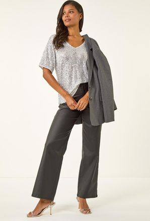 Roman Sequin Embellished V-Neck Top