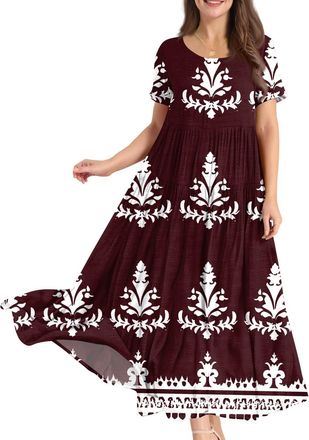 Generic Ladies Dresses Size 14 UK, Womens Summer Casual Loose Bohemian Floral Dress Ladies Short Sleeve Swing Beach Long Maxi Dresses Gifts for Mum,Wine,M,u45