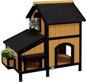 OEM Caseta De Madera De Exterior Para Gatos Casa Para Gatos Refugio Para Gatos De 2 Niveles 96x65x85,5 Cm Natural