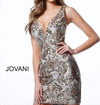 Jovani Sequin Paisley Cocktail Dress In Gold/silver