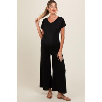 Pinkblush Ribbed Wide Leg Jumpsuit in Black at Nordstrom, Size Medium