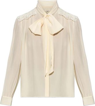 Chlo&eacute; Zijden blouse met kanten inzet op de schouders - Dames - Overhemden - Beige - S - Overhemden