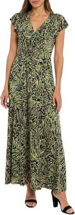 London Times V-Neck Flutter Sleeve Maxi Dress in Black/Juniper at Nordstrom Rack, Size 12P