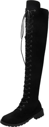 Generic Over The Knee Boots Women Sexy Comfortable Thigh High Boot Stylish Zipper Low Chunky Heel Lace Up Stretch Biker Boots Outdoor Party
