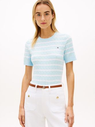 Tommy Hilfiger Womens Short-Sleeve Cable Knit Sweater - Blue - XXL