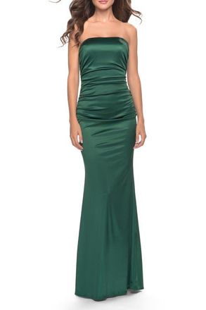 La Femme Chic Strapless Liquid Jersey Gown with Ruching in Dark Emerald at Nordstrom, Size 0