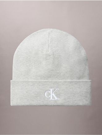 Calvin Klein Mens Monogram Embroidery Fine Rib Beanie - Grey
