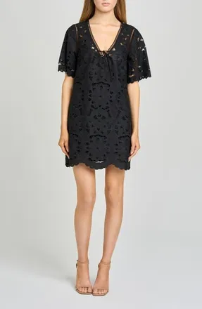 Wayf Kenzie Floral Embroidered Ladder Stitch Minidress in Black at Nordstrom, Size X-Small