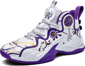 Generic Mens high top Basketball Shoes with Anti Slip, wear-Resistant and Fashionable Sports Boots Walking Shoes(White Purple,4.5 UK)