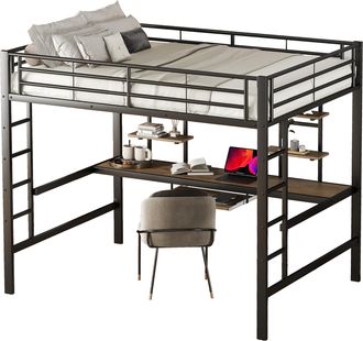 STILVORA Cama Alta Doble Con Escritorio, 2 Estantes Y Bandeja Teclado, 140 X 200 Cm, Sin Colchon, Negra