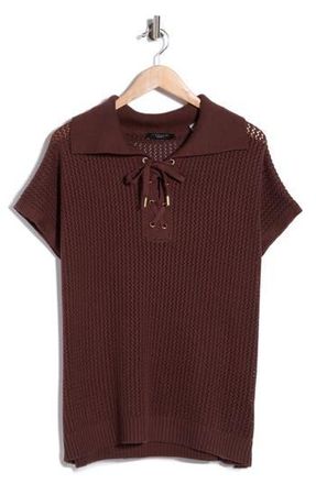 T Tahari Tie Neck Short Sleeve Open Stitch Sweater in Cocoa Bean at Nordstrom Rack, Size 1 X