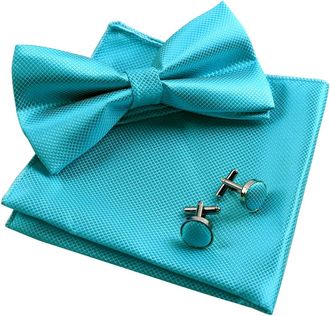 Alizeal Solid Pre-tied Bow Tie Cufflinks Hanky Set for Men Neck Wear, turquoise