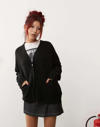 Monki knit button front oversized cardigan in black