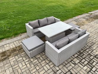 Fimous PE Rattan Garden Funiture Set Height Adjustable Rising Lifting Table Sofa Dining Set with 2 Big Footstools in Light Grey