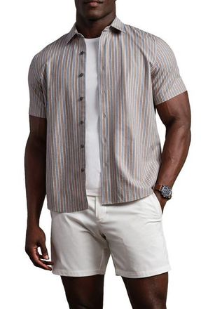Rhone Brezza Performance Short Sleeve Button-Up Shirt in Teak Brown Vintage Stripe at Nordstrom, Size Xx-Large