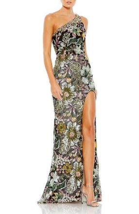 Mac Duggal Embellished Floral One Shoulder Gown in Black Multi at Nordstrom, Size 14