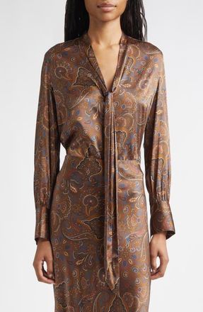 Veronica Beard Francine Print Tie Neck Silk Blend Top in Walnut Multi at Nordstrom, Size 00